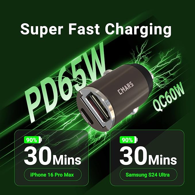CMARS 125W (PD65W+QC60W) Car Charger USB C/A Plug Outlet, 12-24 Volt Dual Port Fast Charge, Cigarette Lighter Adapter for iPhone 17/16/15/14/13/12/Pro/Max, MacBook/iPad/Samsung/Other Android Devices