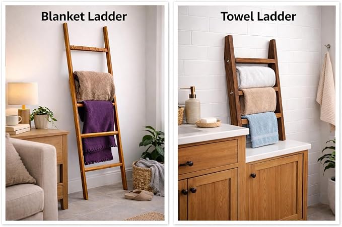2 Pack Wooden Ladder Set, 1 pcs Blanket Ladder and 1 pcs Towel Ladder - Beech Wood 59'' inc 5 Tier and 5 Extra Hooks Blanket Ladder, Living Room and Bathroom Home Decor, Wall Decorative Shelves