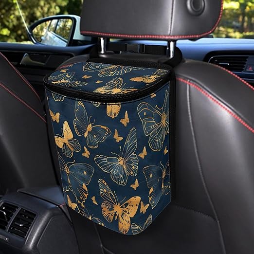 Gifts for New Drivers Golden Butterfly Art DecoTrash Bags for Cars, Hanging Zipper Design