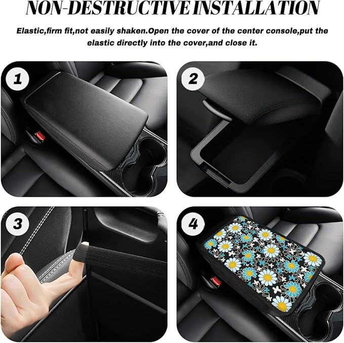 CLOHOMIN Blue Daisy Car Center Console Cover with Side Pockets Butterfly Car Arm Rest Cushion Pad Auto Interior Accessories Easy to Install Auto Armrest Cover Pad