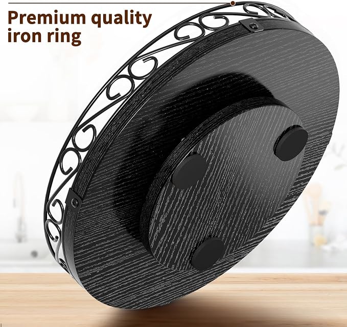 Yoobure 12" Lazy Susan Turntable for Cabinet - Farmhouse Wooden Round Tray for Table Top, 360° Rotating Lazy Susans Counter Organizer with Patterned Raised Edge for Kitchen Dining Table Decor, Black