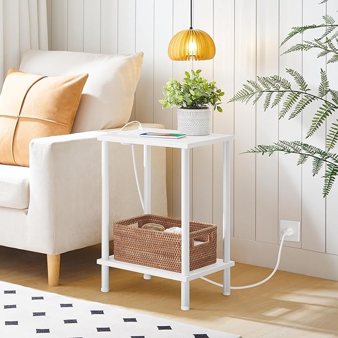 HOOBRO Side Table with Charging Station, Set of 2 End Tables with USB Port and Outlets, Nightstand with 2-Layer Storage Shelves for Small Spaces, Living Room, Bedroom, White WW09UBZP201