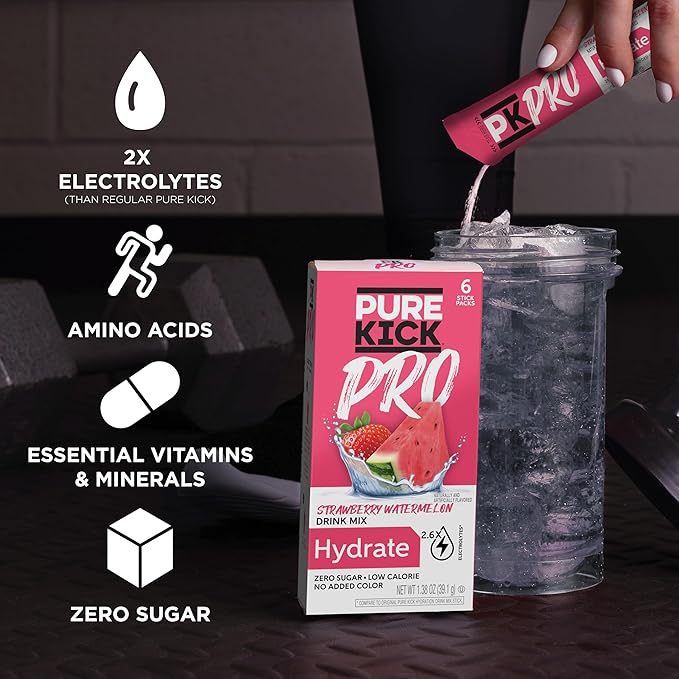 PURE KICK PRO Hydration Electrolyte Drink Mix, Strawberry Watermelon, Includes 1 Box with 6 Packets in Each Box