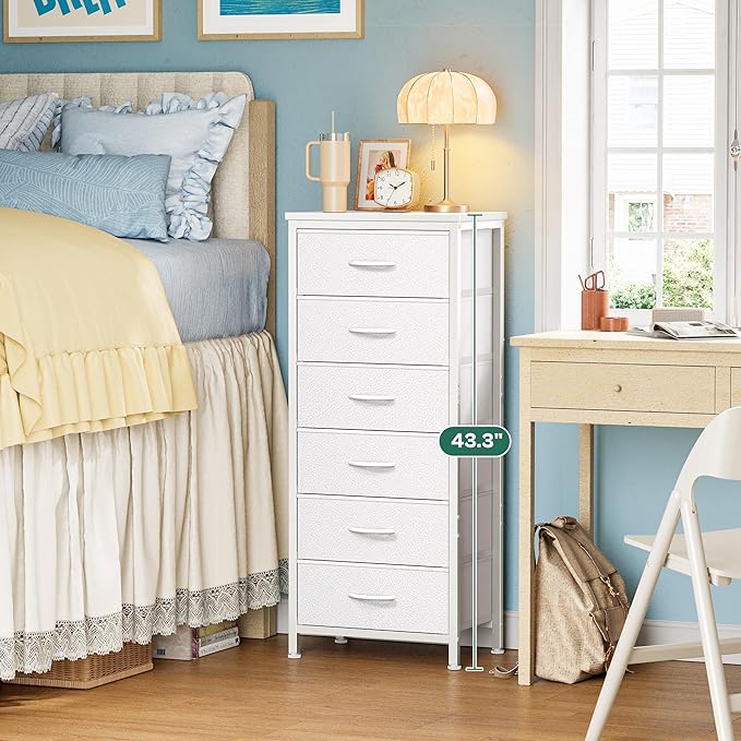Huuger Tall Dresser for Bedroom, Stable 6 Drawer Dresser with Anti-Tip Device, PU Leather & Fabric Drawers, Tall Nightstand for Closet, Nursery, Storage Tower for College Dorm High Beds, White