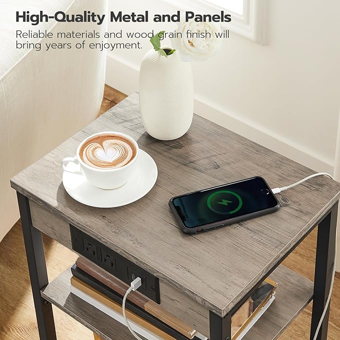 HOOBRO Side Table with Charging Station and USB Port, Small End Table for Small Space, 3-Tier Nightstand with Adjustable Shelf, for Living Room, Bedroom and Balcony, Greige BG112BZ01