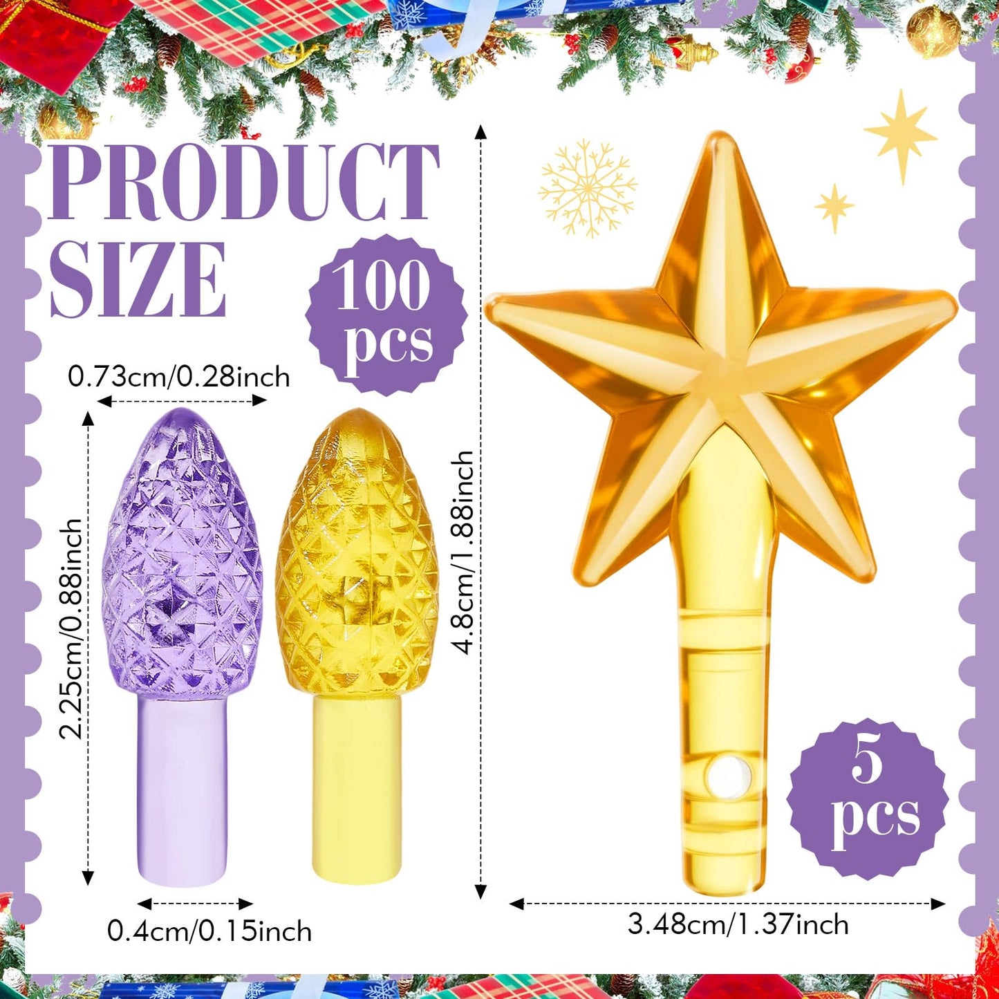 Boao Ceramic Christmas Tree Bulbs - 100 Pieces, 4mm Diameter, Purple and Orange, Includes 5 Stars Replacement Bulbs, Model MA-Boao-5134