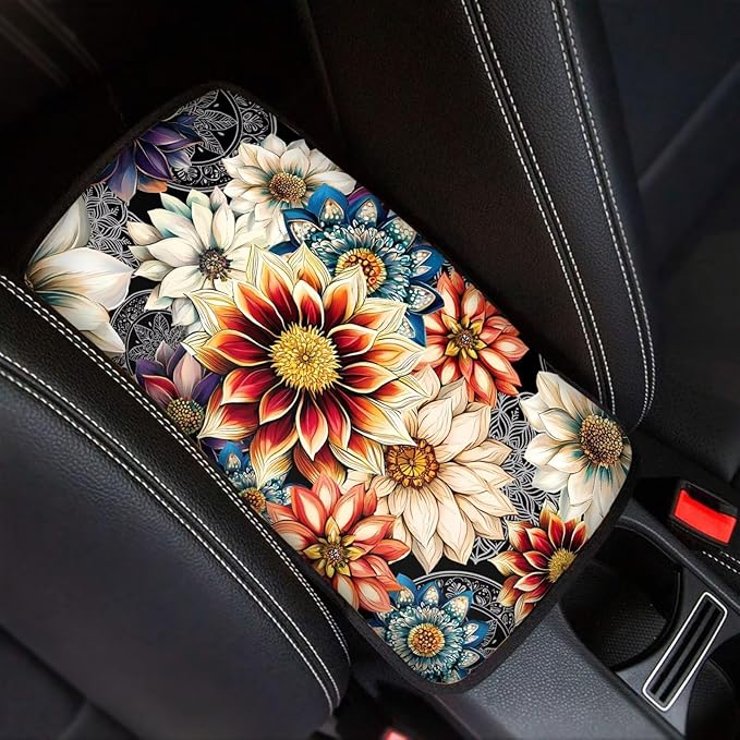 Boho Floral Armrest Cover for Car,Soft Car Center Console Covers,Universal Cars Interior Accessories Decor