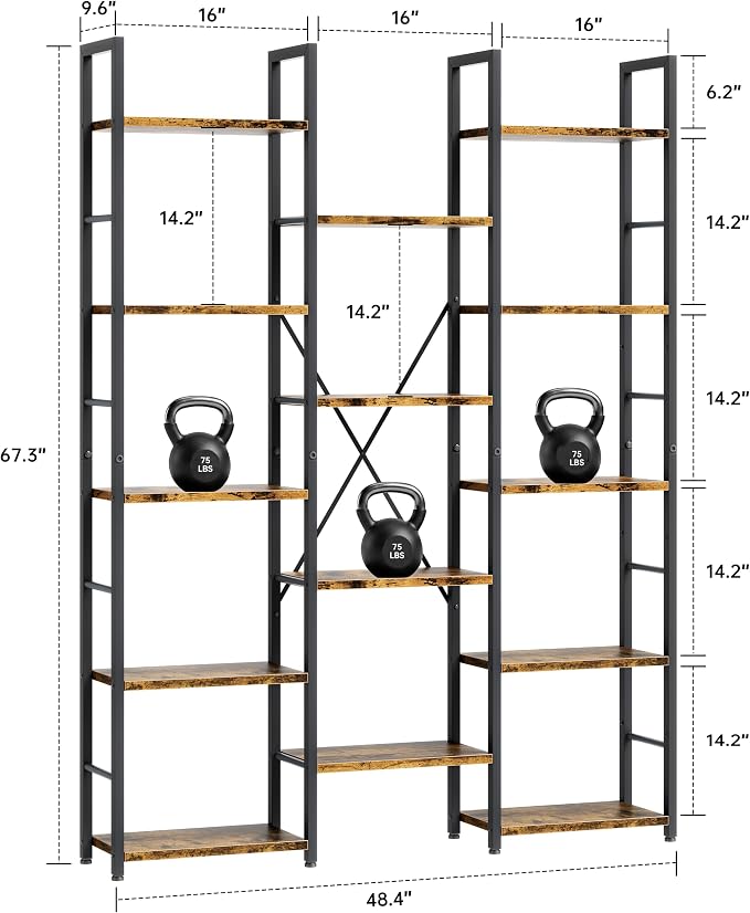 Shintenchi Triple Column 5 Tier Bookshelf, Industrial Large Bookcase Display Shelves, Large Etagere Bookshelf,Wide Book Shelf Book Case for Home & Office, Rustic Brown