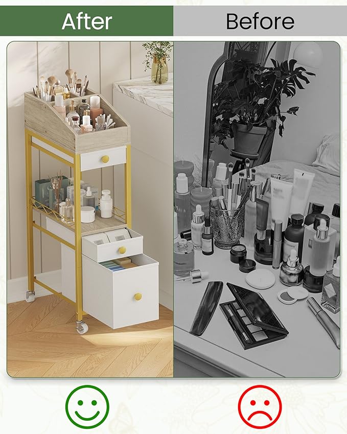 CHOEZON Makeup Organizer Storage Cart with Drawers, Floor-Standing Makeup and Skincare Organizer with Wheels, Bathroom Vanity Make Up Organizers for Brush, Hair Tool, White, Gold, and Natural TCJ90JW