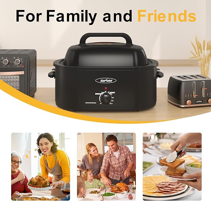 Sunvivi Electric Roaster,18 Quart Roasting Oven with Self-Basting Lid Removable Pan,Turkey Roaster Oven with 150 to 450F Temperature Control Cool-Touch Handles,Black