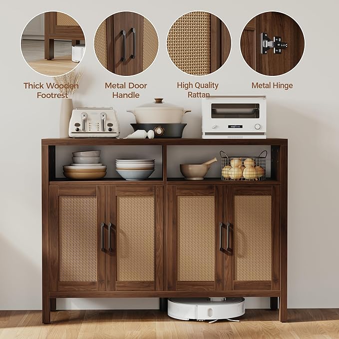 Mericonia Rattan Buffet Cabinet with Storage, Sideboard with Doors, Console Table, Farmhouse Coffee Bar, Modern Wood Storage Cabinets TV Stand(Walnut 2.0)