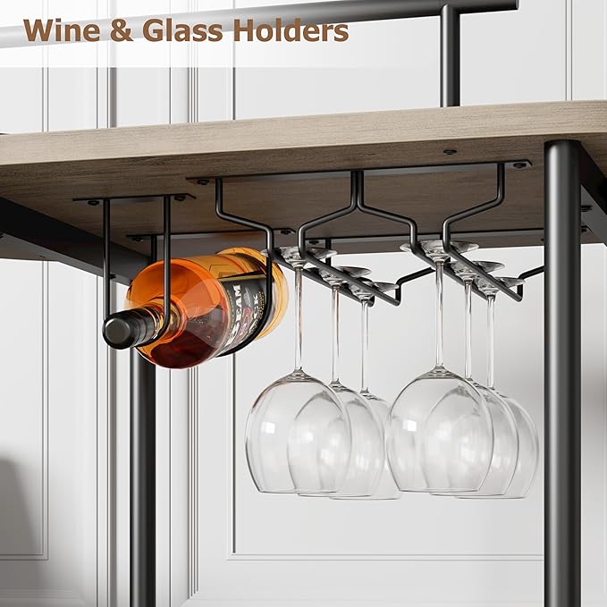 GarveeHome Black Bar Carts with 4-Tiers Storage Shelves，Mobile Bar Seving Carts On Wheels with Wine Rack and Glass Holder for Kitchen, Dining Room, Living Room-Black+Grey