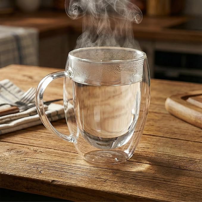 4 Pack Double Wall Glass Coffee Mugs 12 Oz Clear Coffee Mugs with Handle Insulated Cups Glass Mug Heat Resistant Tea Cups for Tea Bag Hot Cold Drink