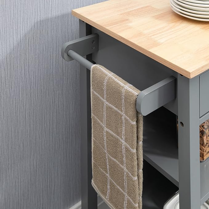 HOMCOM Kitchen Island Cart, Rolling Kitchen Island with Storage Shelf, Solid Wood Top, Drawer, for Dining Room, Gray