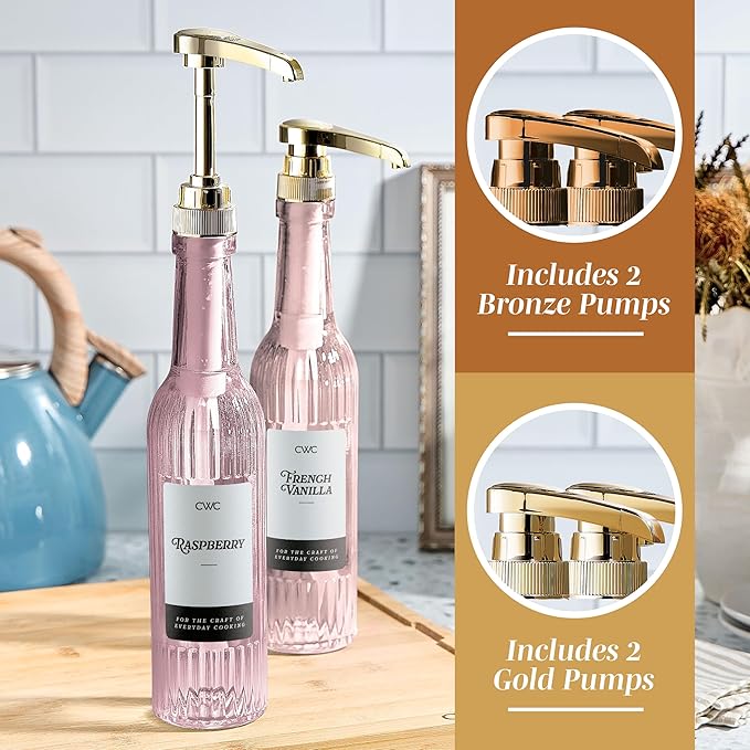 COOK WITH COLOR Glass Coffee Syrup Dispenser with Pump- Set of 2 Syrup Bottles for Coffee Bar, Decorative 350 ML Bottle with Ceramic Holder, Funnel, Labels and Extra Pumps, Textured Pink