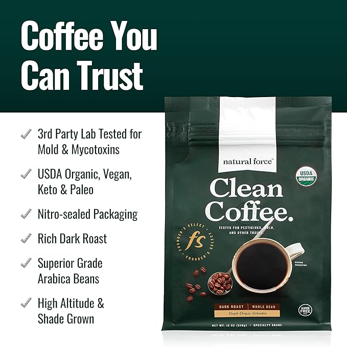 Natural Force - Organic Clean Coffee Dark, Mold & Mycotoxin Free, Lab Tested for Toxins & Purity, Low Acidity, Incredible Taste & Aroma, Founder's Select Whole Bean Dark Roast, 12 oz