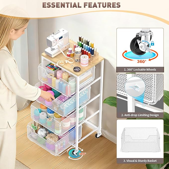 Rolling Cart with Drawers, 4-Tier Utility Cart Storage Organizer with Lockable Wheels, Metal Craft Storage Cart with Wooden Top for Kitchen, Bathroom, School, Studio, Office, Bedroom, White