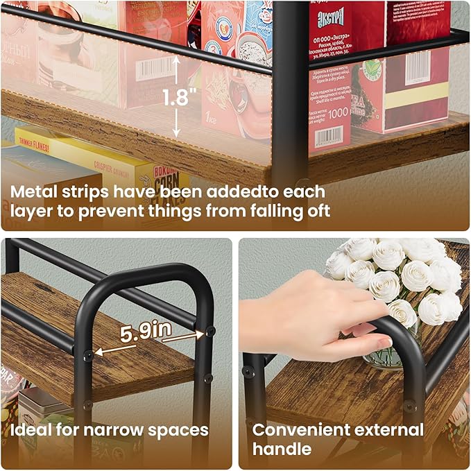 Slim Storage Cart, 4-Tier Small Rolling Cart with Wheels, 5.9" Deep, Narrow Bathroom Shelf Trolley for Kitchen, Bathroom, Laundry Room, Rustic Brown Standard 4-Tier (5.9" W x 33.6" H)