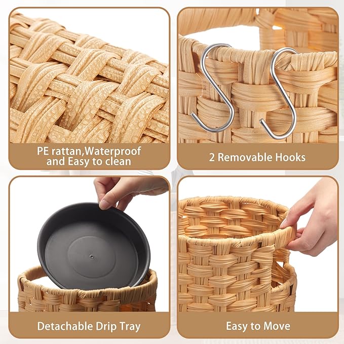 Lounsweer 20.8" H Extra Tall Rattan Umbrella Stand, Hand Woven Umbrella Rack Organizer Freestanding with Detachable Drip Tray and 2 Hooks, Bucket for Home, Entryway, Mud Room, Office, 7.5" L x 7.5" W