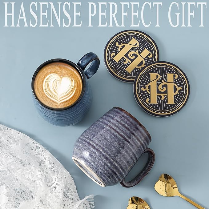 HASENSE Ceramic Coffee Mug Set, 20 Oz Tea Cups for Women and Men, Premium Large Latte Mugs with Handle, Gift Cup with Coaster & Gold Spoon for Couples, Blue & Purple