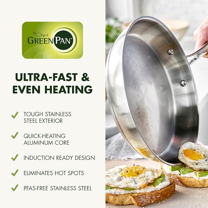GreenPan Stainless Steel Cookware Set, 11 Piece, Induction Cookware, Dishwasher Safe, Oven Safe to 600F, Large 8QT Stock Pot, Sauce, Saute, Frying Pans, Pots & Pans Kitchen Essentials, Silver