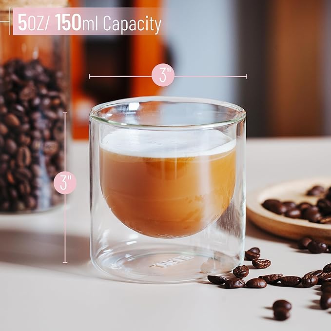 BTaT- Double Walled Drinking Glass, 4 Pack, 5 oz, Insulated Glass for Hot and Cold Beverages, Espresso, Cappuccino, Whiskey, Bourbon, Vodka and Scotch