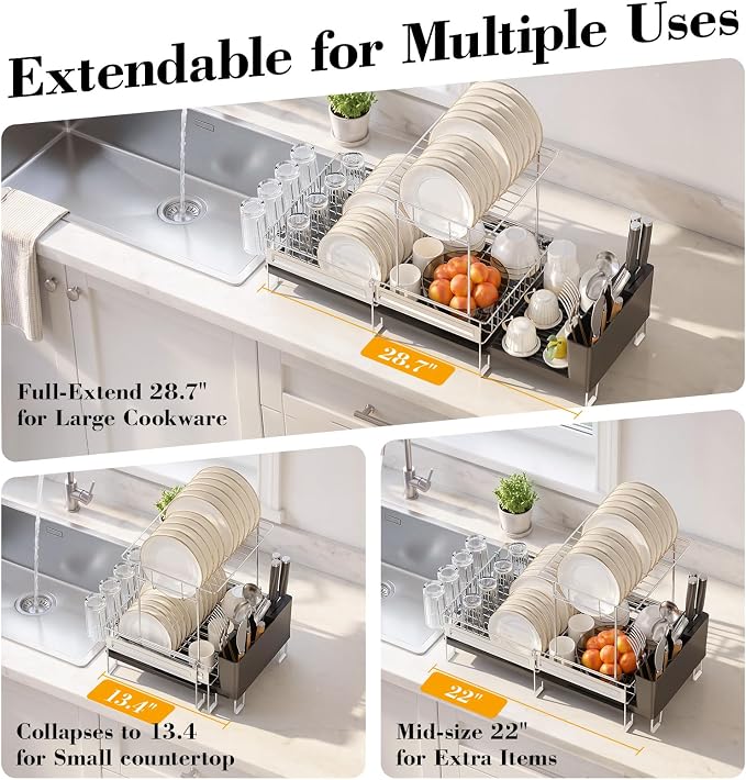 Delamu 2 Tier Dish Drying Rack, Large Dish Racks for Kitchen Counter, Stainless Steel Multifunctional Dish Drainer with Cutlery & Cup Holders, Extendable from 13.4 to 28.7 in, Black
