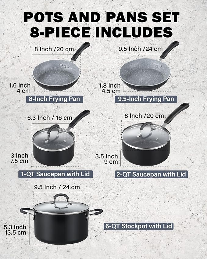 Cook N Home 8-Piece Nonstick Pot and Pan Set with Lid Induction Compatible | Cookware Set Includes Saucepan with Lid, Stockpot with Lid, Frying Pans, Black/Marble Cooking ware Non Stick