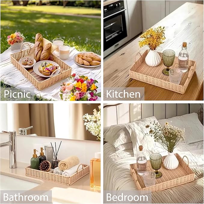 GRANNY SAYS Rectangle Serving Tray, Coffee Table Tray, Wicker Serving Trays with Handles, Decorative Tray for Coffee Table, Woven Tray for Living Room, 15 ¾"×11 ½"×2 ¼"