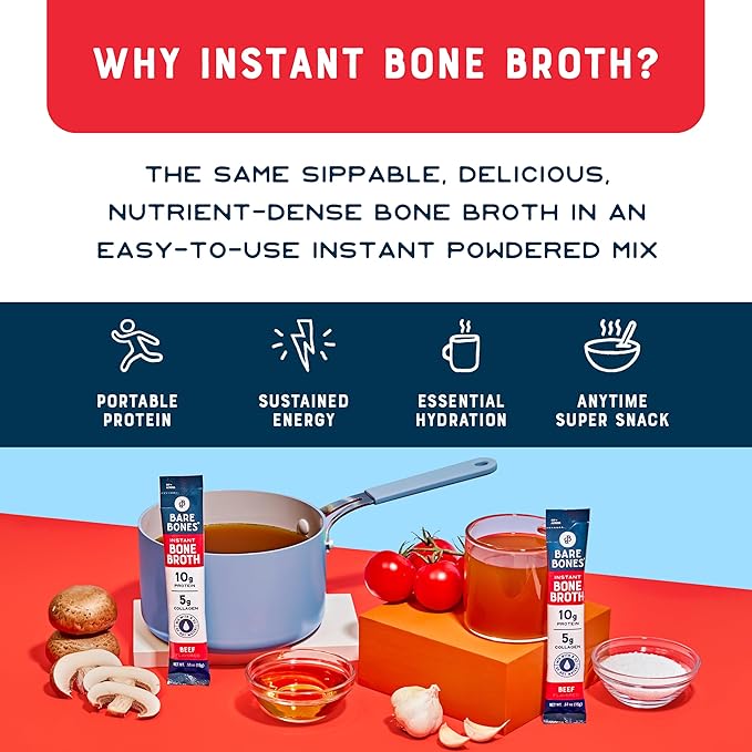 Bare Bones Beef Bone Broth Instant Powdered Mix Packets | 5g Collagen | 10g Protein | Keto & Paleo Friendly | No Artificial Flavors | Rich Savory on-the-go 16 Pack