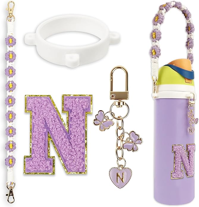 Compatible with Owala Water Bottle Accessories, Cute Letter Charm Set with Boho Handle Strap, Monogram Sticker, Silicone Ring, Keychain Decoration, for FreeSip 24 32 40oz, Owala Kids, Tumbler Gift