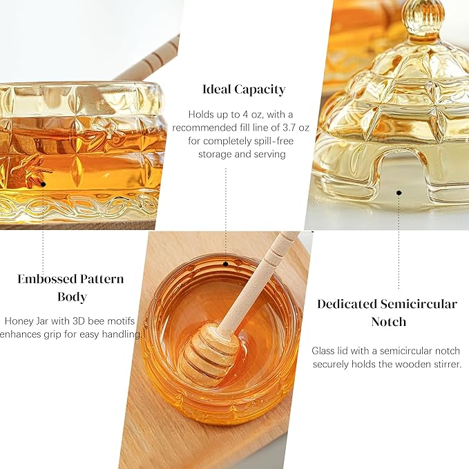 kanpura Honey Jar Pot Glass Holder Dispenser Set with Wooden Dipper Stick and Lid for Home Kitchen, Modern Syrup Glass Container for Storage Gift (Champagne,3.7 Oz)