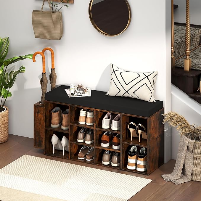 Giantex Shoe Storage Bench with Umbrella Stand, 10-Cubby Entryway Shoe Rack Organizer with Padded Seat, Adjustable & Removable Shelves for Hallway, Living Room & Bedroom (Rustic Brown)