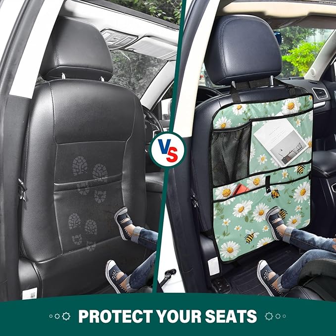 2 Pack Back Seat Car Organizer with Storage Pockets Kick Mats Back Seat Protector Hanging Car Organizer Automotive Seat Back Cover Organizers Mint Green Daisy Flowers and Bees