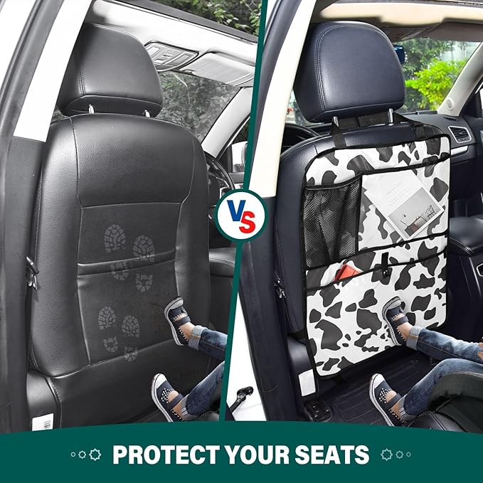 JIPONI Car Backseat Organizer, Cow Print 3 Automotive Back Seat Protector, Kick Mats with Storage Pockets for Kids Pets, Road Trip Accessories