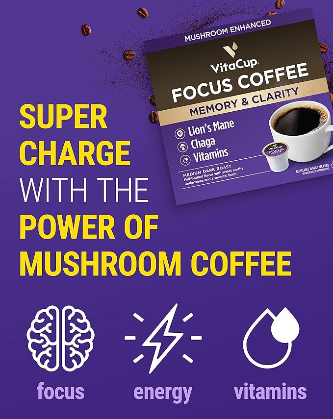 VitaCup Coffee Pods 40ct, 4 Unique Wellness Blends with MCT Oil, Garcinia Cambogia, Lion’s Mane, Chaga & Low-Acid Organic Dark Roast – Full-Bodied Arabica Coffee Pods for Energy, Focus, Immunity & Daily Vitamins