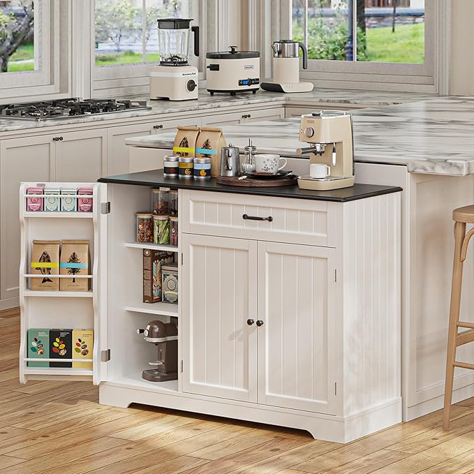 Gizoon Kitchen Coffee Bar Cabinet with Storage Kitchen Sideboard Buffet Cabinet with Drawers, Short Pantry with Door and Shelves for Bathroom and Living Room, White and Black