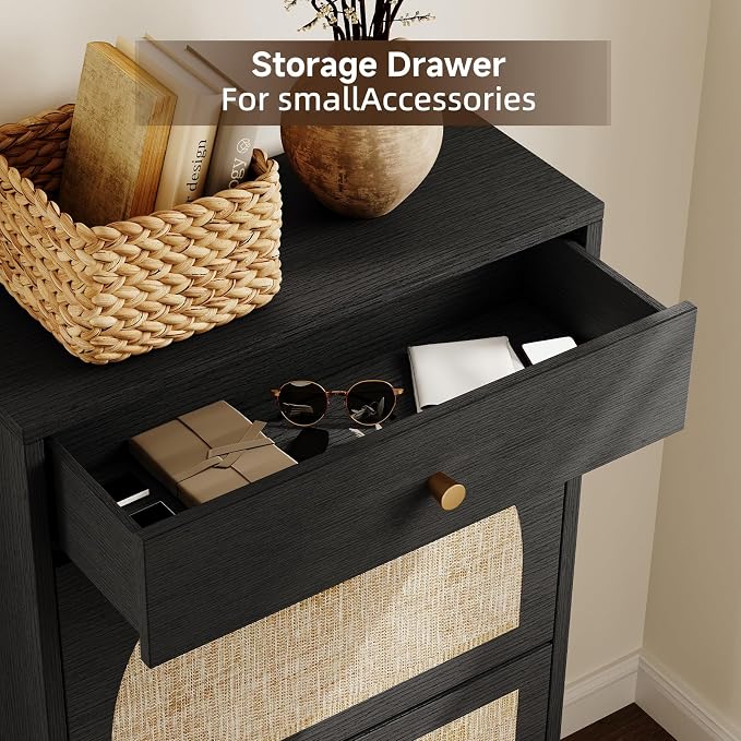 Nicetree Shoe Cabinet for Entryway, Slim Shoe Rack with 2 Flip Drawers and Top Storage Drawer, Narrow Shoe Organizer with Printed Rattan-Look Design, Entryway Shoe Storage for Size 12 Shoes, Black