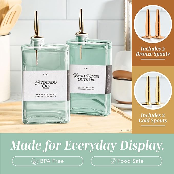 COOK WITH COLOR Olive Oil Dispenser Bottle - 2 Pk Glass Oil Dispenser for Kitchen - Condiment, Coffee Syrup & Vinegar Dispenser, Olive Oil Cruet, Includes 4 Auto Pourer Spouts