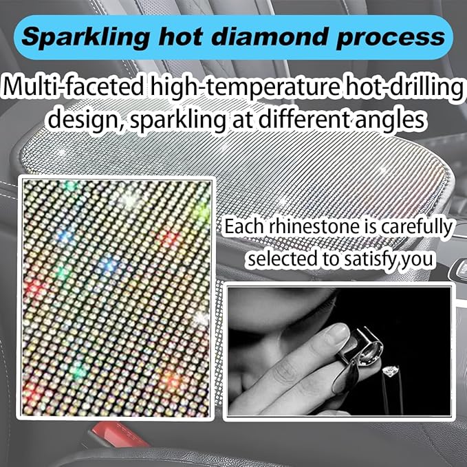 Bling Car Center Console Cover, Crystal Rhinestone Vehicle Armrest Cover Cushion with 2 Storage Bags for Women Girls, Diamond Auto Storage Box Protector Pad, Universal Fit (Multicolor)