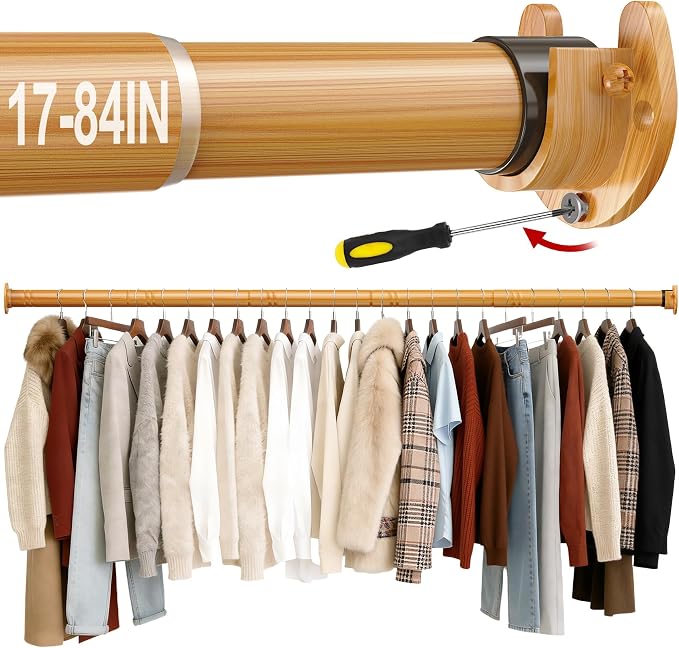 17 to 84 Inch Closet Rods for Hanging Clothes with Screwdriver, Stepless Adjustable Closet Rod Heavy Duty, 1.3 Inch Clothes Hanging Rod Metal Closets Pole Bar for Wardrobes Laundry Bathroom RV Natural