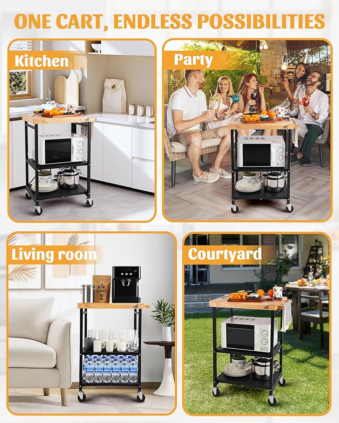 Mythinglogic Foldable Kitchen Storage Cart, 3-Tier Rolling Cart with Solid Oak Top, Heavy-Duty Metal Utility Rack for Microwave, Pots, Dish Set, Meal Prep Area, Kitchen Island on Lockable Wheels