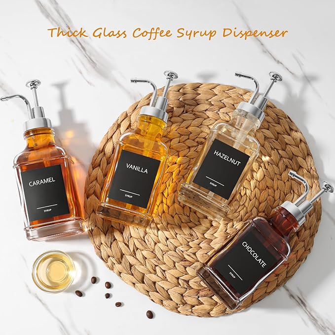 Coffee Syrup Dispenser, Coffee Bar Accessories 16.9 fl oz/500ml, Glass Syrup Dispenser with Silver Pump Dispenser, Labels, Spoons for Coffee Bar, 4 Pack