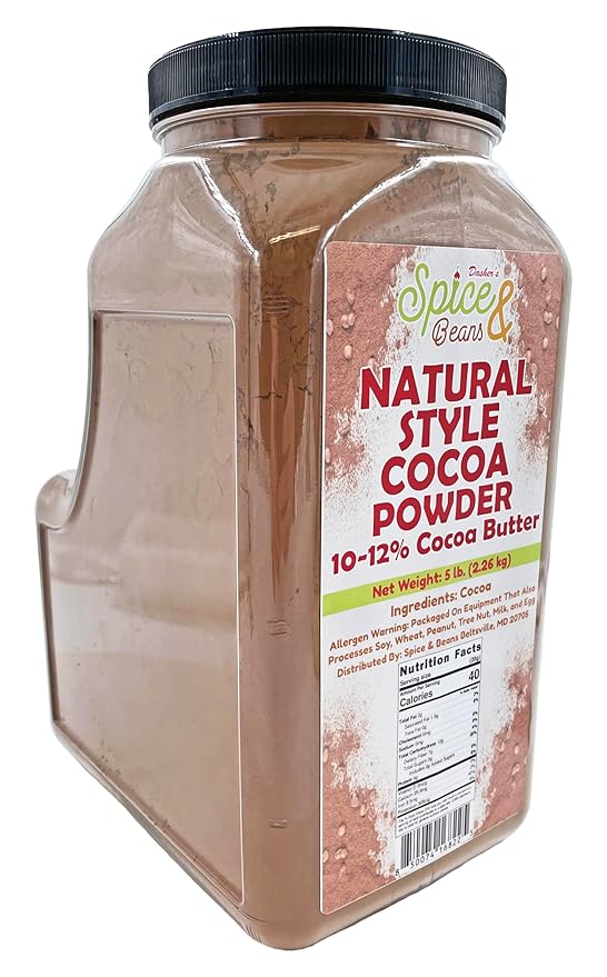 Natural Style Rich Cocoa Powder | Baking - 10/12% Fat | By Dasher's Spice & Beans | 5 lb. Container