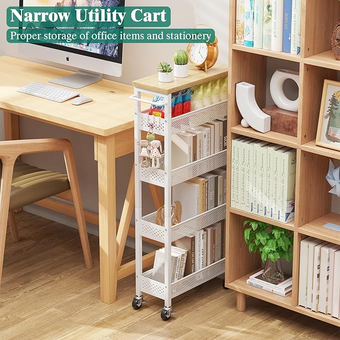 Giwil Slim Storage Cart 5 Tier Narrow Kitchen Rolling Cart on Wheels for Small Space, Metal Utility Cart Narrow Bathroom Storage Cabinet Mobile Shelf Unit Organizer with Wood Top and Handle, White