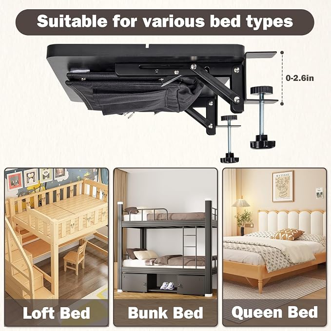 Foldable Bedside Shelf - Bamboo Bedside Shelf with Storage Bag Metal Clip-On Bed Tray Table for Bunk Bed & Dorm Beds, Space Saving Nightstand for Loft Beds