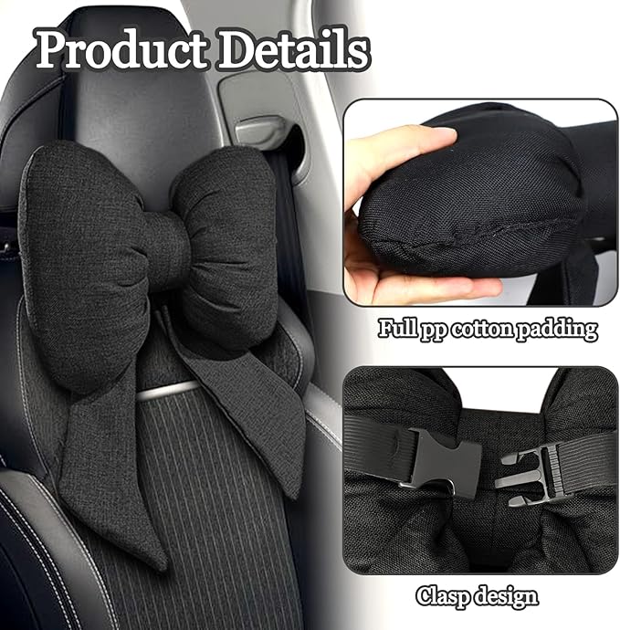 wuyaoyao Bow Car Headrest Pillow, Cute Bow Shape Car Neck Pillow, Soft Comfortable Automotive Seat Headrest Pillows for Driver, Universal Vehicle Neck Support Cushion for Sleeping Travel(Black)