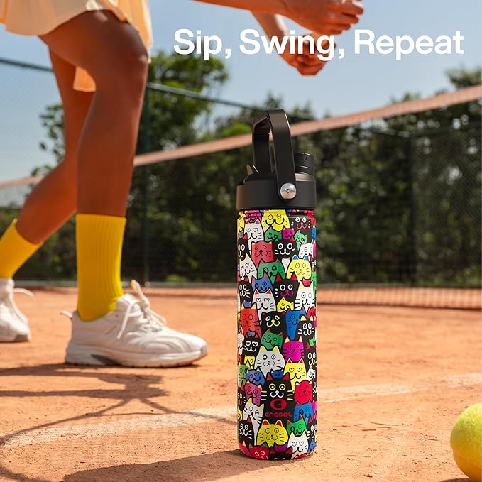 ENCOOL Insulated Water Bottle with Straw Stainless Steel Water Bottle, Leak-Proof, BPA-Free, Double Wall Vacuum Keeps Cold for 24 Hours for Sports, Travel, School (26 oz, Cat Pattern)