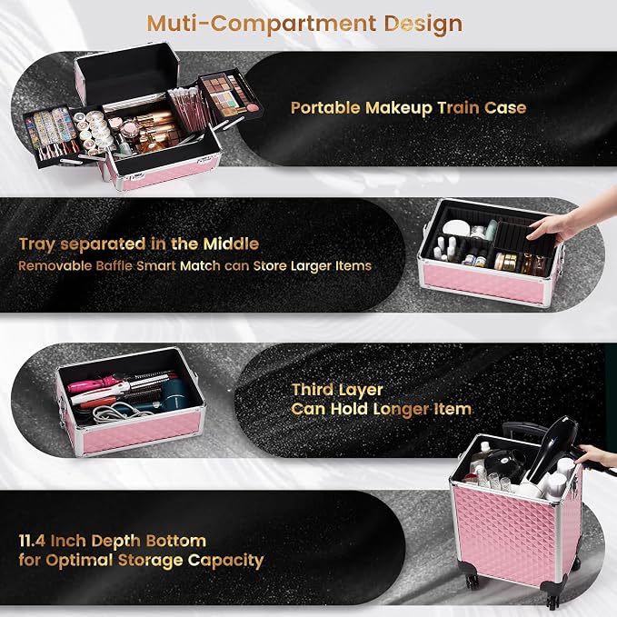 Stagiant Rolling Makeup Train Case Cosmetology Case on Wheels 4 in 1 Large Cosmetic Organizer Box Makeup Travel Case with Key Swivel Wheels Nail Artist Salon Storage Traveling Cart Big Trunk Pink