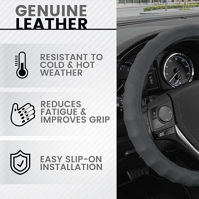 BDK Genuine Gray Leather Steering Wheel Cover for Car, Small 13.5-14 inch – Ergonomic Comfort Grip for Men & Women, Car Steering Wheel Cover for Vehicles with Small Steering Wheels
